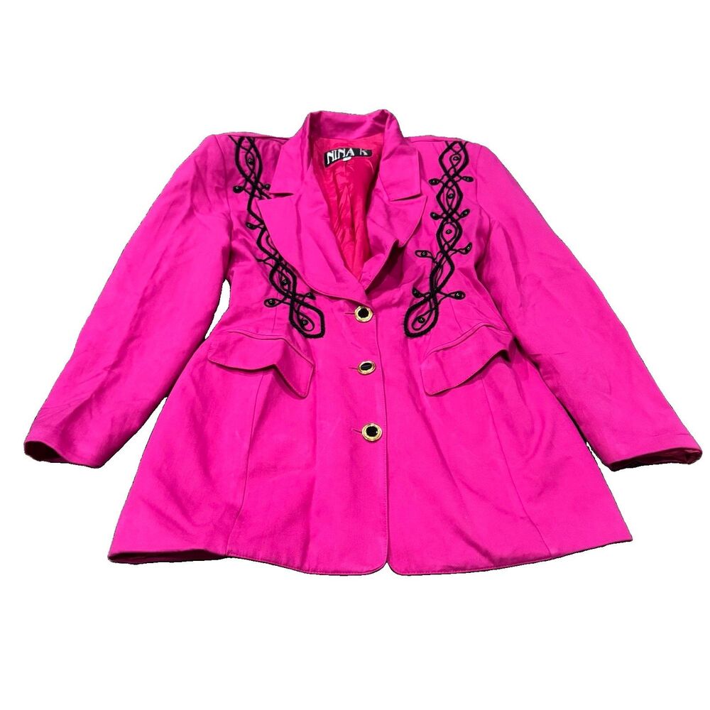 Vintage Nina K Pink Blazer Small USA Rope Trim Gold Buttons 90s Statement Jacket